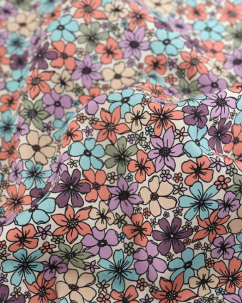 Popeline de Coton Motif Fleuri Bleu et Myrtille - Mercerine