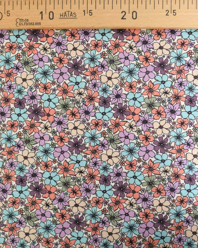 Popeline de Coton Motif Fleuri Bleu et Myrtille - Mercerine