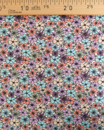 Popeline de Coton Motif Fleuri Bleu et Myrtille - Mercerine