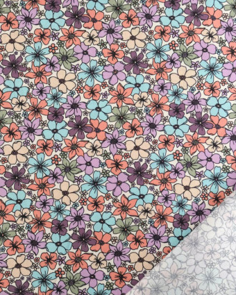 Popeline de Coton Motif Fleuri Bleu et Myrtille - Mercerine