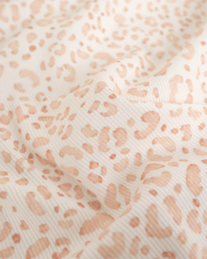 Tissu Jersey Côtelé Ecru Motif Léopard Beige - Mercerine