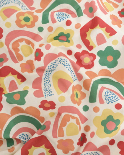 Popeline de Coton Motif Arc-En-Ciel et Fleur Multicolore - Mercerine
