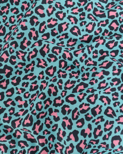 Popeline de Coton Motif Léopard Bleu et Rose - Mercerine