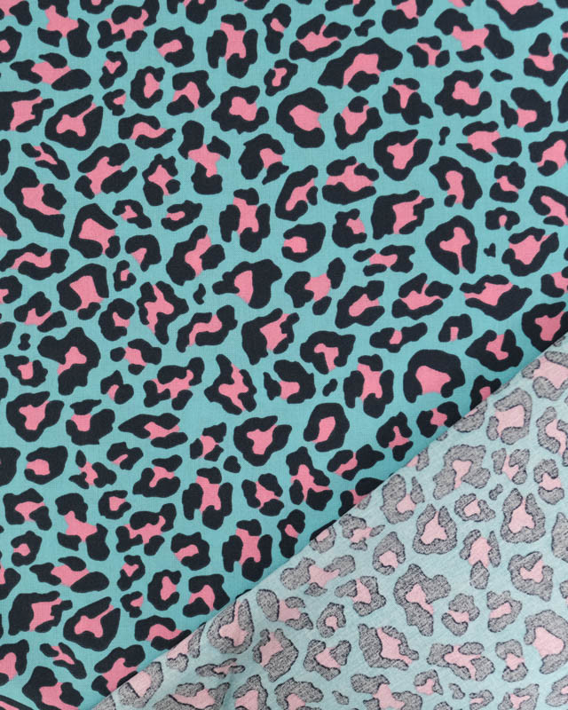 Popeline de Coton Motif Léopard Bleu et Rose - Mercerine