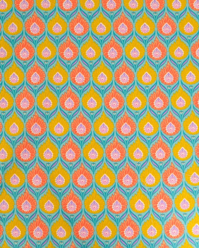 Tissu Coton Motif Floral Jaune et Orange Fond Bleu - Mercerine