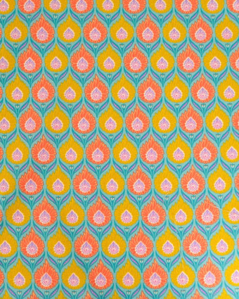 Tissu Coton Motif Floral Jaune et Orange Fond Bleu - Mercerine