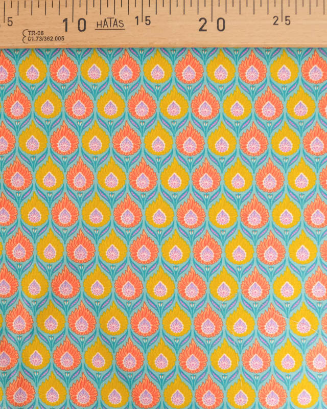 Tissu Coton Motif Floral Jaune et Orange Fond Bleu - Mercerine