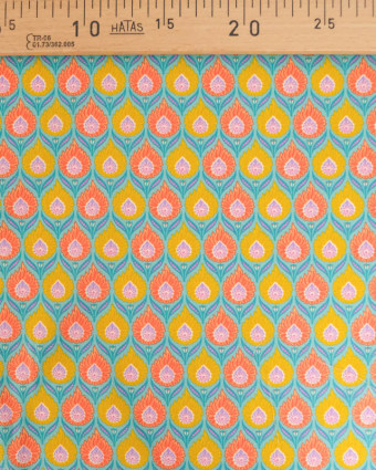Tissu Coton Motif Floral Jaune et Orange Fond Bleu - Mercerine