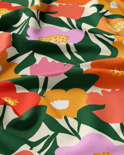 Tissu Viscose Imprimé Fleuri Ecru Rouge