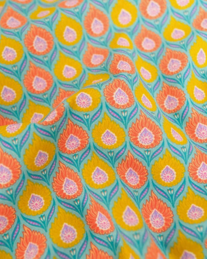 Tissu Coton Motif Floral Jaune et Orange Fond Bleu - Mercerine