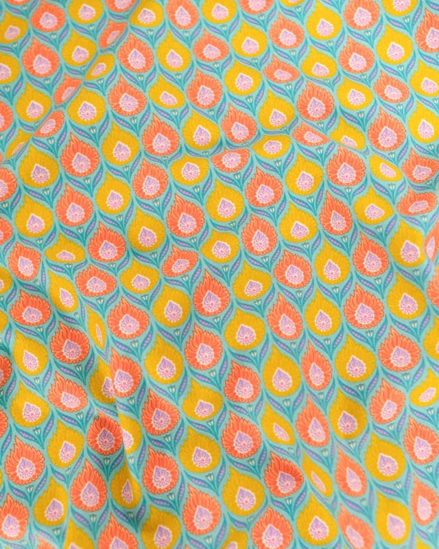 Tissu Coton Motif Floral Jaune et Orange Fond Bleu - Mercerine