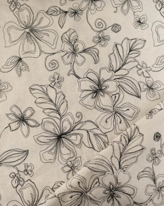 Viscose Lin Beige Naturel Fleurs Bordées - Mercerine