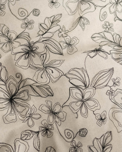 Viscose Lin Beige Naturel Fleurs Bordées - Mercerine
