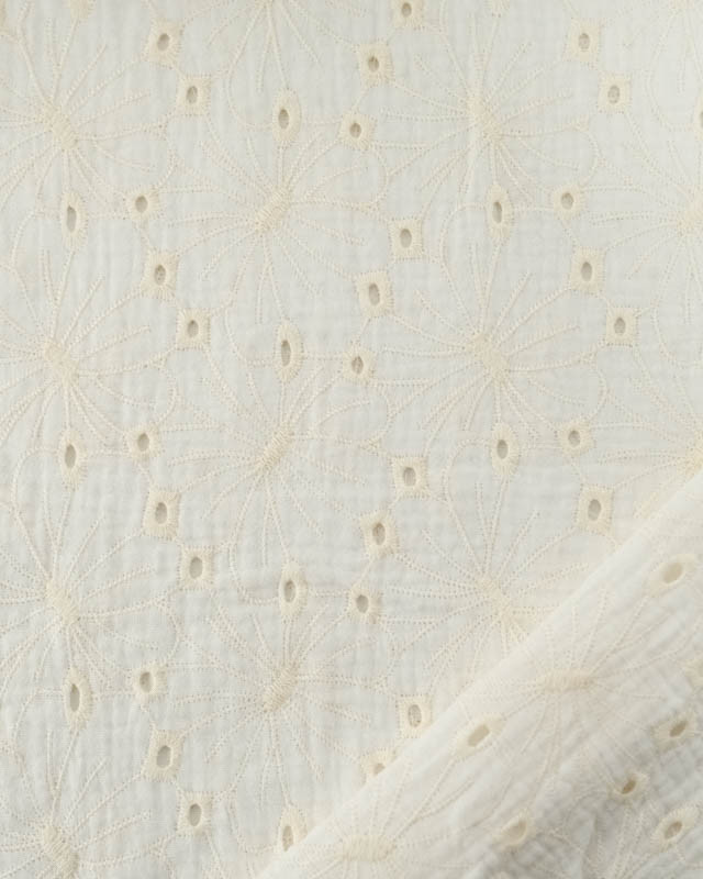 Tissu Double Gaze Fleurs Brodées Blanc - Mercerine