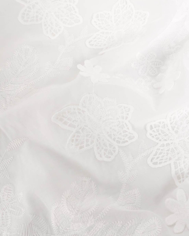 Tissu Coton Blanc Brodé Fleur Ton sur Ton Relief - Mercerine