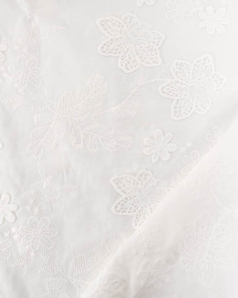 Tissu Coton Blanc Brodé Fleur Ton sur Ton Relief - Mercerine