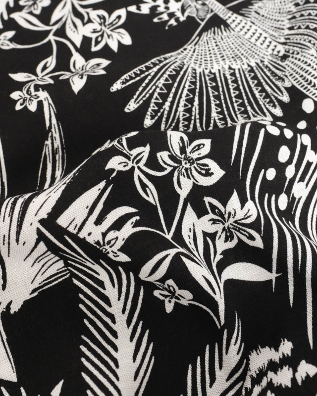 Tissu Rayonne Stretch Noir Motif Jungle - Mercerine