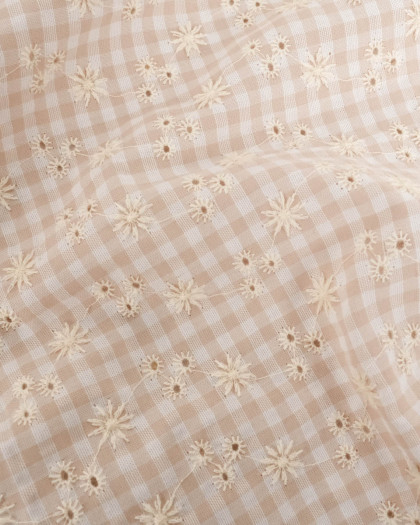 Seersucker Motif Vichy Sable Petites Fleurs Brodées - Mercerine