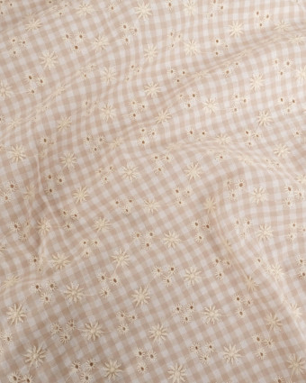Seersucker Motif Vichy Sable Petites Fleurs Brodées - Mercerine