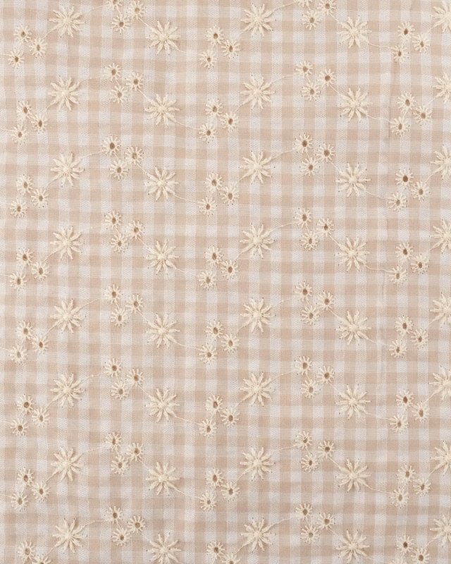Seersucker Motif Vichy Sable Petites Fleurs Brodées - Mercerine