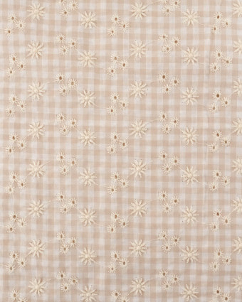 Seersucker Motif Vichy Sable Petites Fleurs Brodées - Mercerine