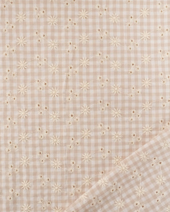 Seersucker Motif Vichy Sable Petites Fleurs Brodées - Mercerine