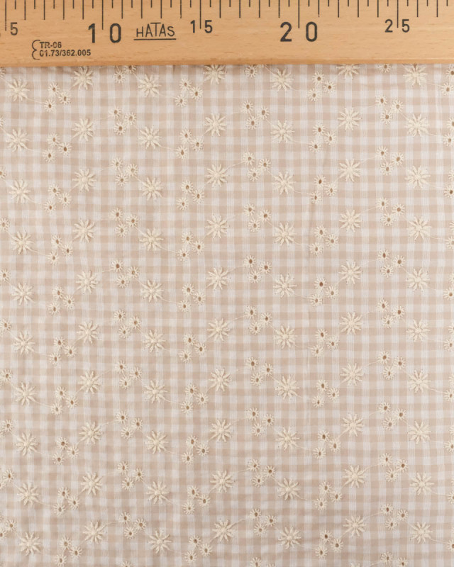 Seersucker Motif Vichy Sable Petites Fleurs Brodées - Mercerine