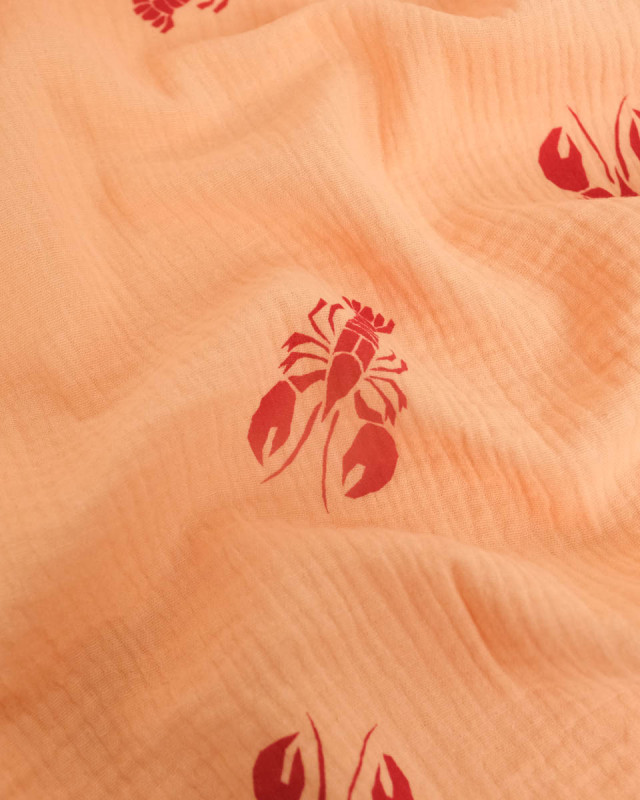Tissu Double Gaze Saumon Motif Ecrevisse - Mercerine
