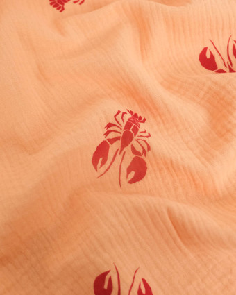 Tissu Double Gaze Saumon Motif Ecrevisse - Mercerine
