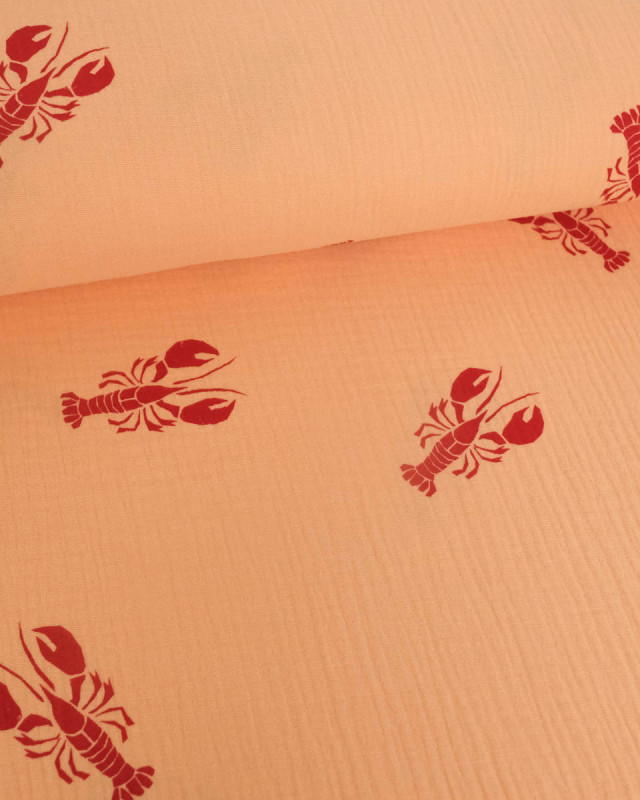 Tissu Double Gaze Saumon Motif Ecrevisse - Mercerine