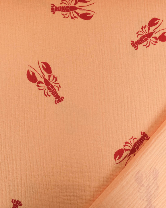 Tissu Double Gaze Saumon Motif Ecrevisse - Mercerine