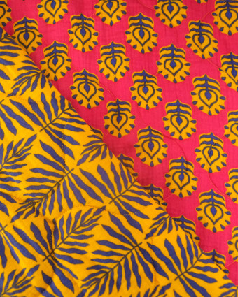 Tissu Matelassé Double Gaze Jaune et Fuchsia Ethnique - Mercerine