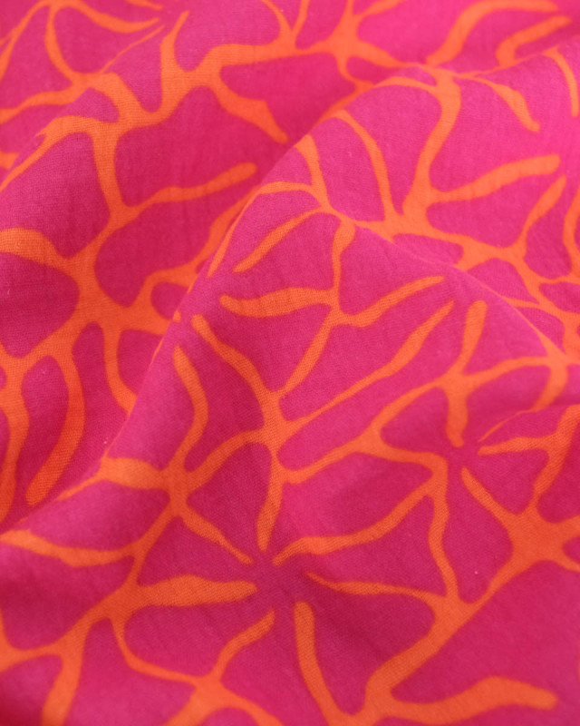 Tissu Double Gaze Fleurs Roses Fond Orange - Mercerine