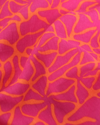 Tissu Double Gaze Fleurs Roses Fond Orange - Mercerine