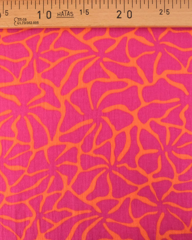 Tissu Double Gaze Fleurs Roses Fond Orange - Mercerine