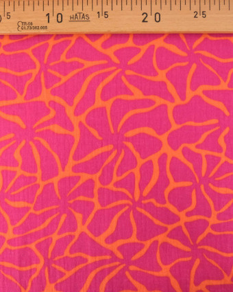 Tissu Double Gaze Fleurs Roses Fond Orange - Mercerine