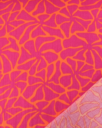 Tissu Double Gaze Fleurs Roses Fond Orange - Mercerine