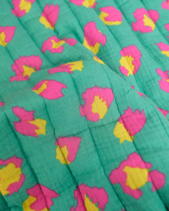Matelassé Double Gaze Léopard et Fleuri Bleu Vert et Fuchsia- Mercerine