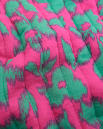 Matelassé Double Gaze Léopard et Fleuri Bleu Vert et Fuchsia- Mercerine
