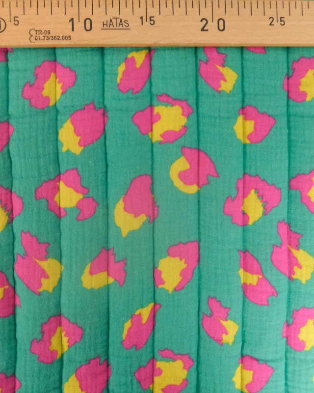 Matelassé Double Gaze Léopard et Fleuri Bleu Vert et Fuchsia- Mercerine