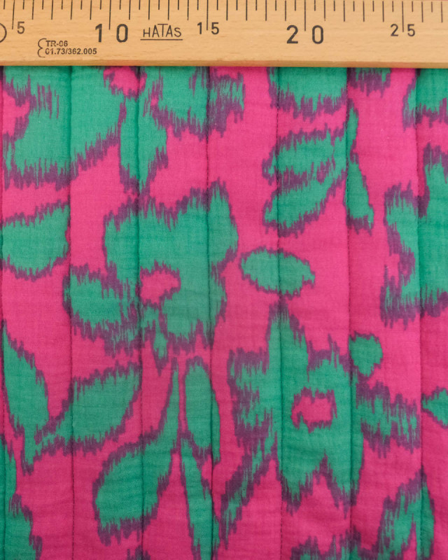Matelassé Double Gaze Léopard et Fleuri Bleu Vert et Fuchsia- Mercerine