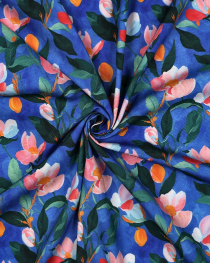 Viscose Stretch Bleu Cobalt Motif Fleuri - Mercerine