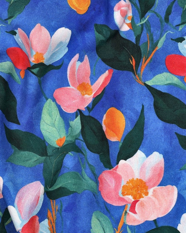 Viscose Stretch Bleu Cobalt Motif Fleuri - Mercerine