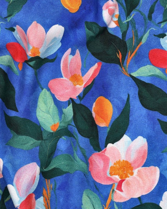 Viscose Stretch Bleu Cobalt Motif Fleuri - Mercerine