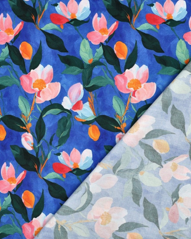 Viscose Stretch Bleu Cobalt Motif Fleuri - Mercerine