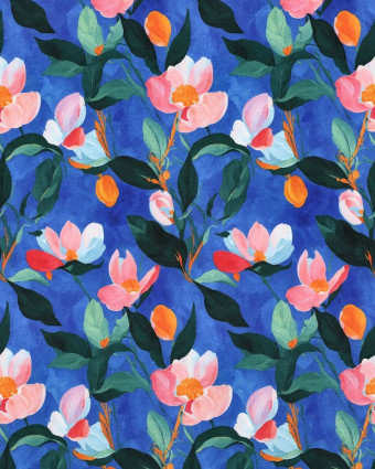 Viscose Stretch Bleu Cobalt Motif Fleuri - Mercerine