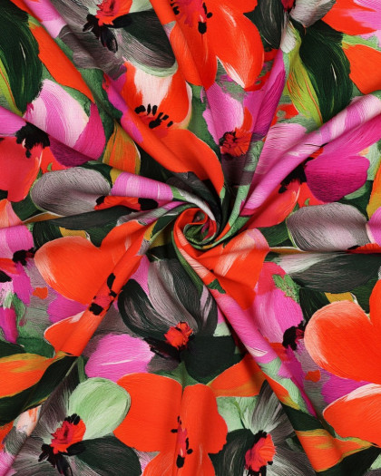 Viscose Ecovero Motif Fleuri Mauve et Orange - Mercerine