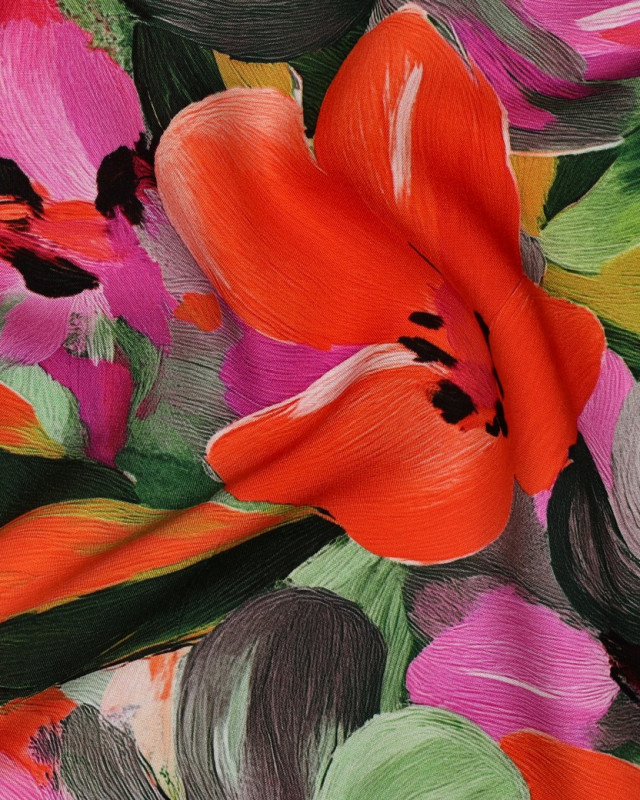 Viscose Ecovero Motif Fleuri Mauve et Orange - Mercerine
