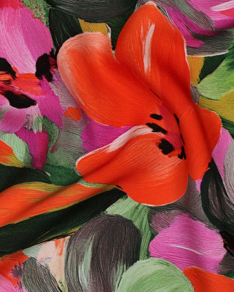 Viscose Ecovero Motif Fleuri Mauve et Orange - Mercerine