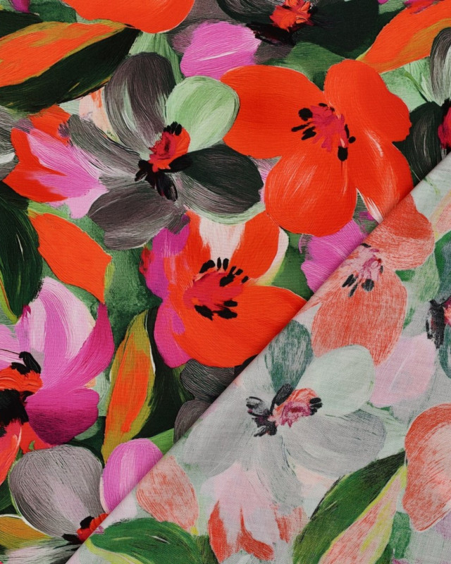 Viscose Ecovero Motif Fleuri Mauve et Orange - Mercerine